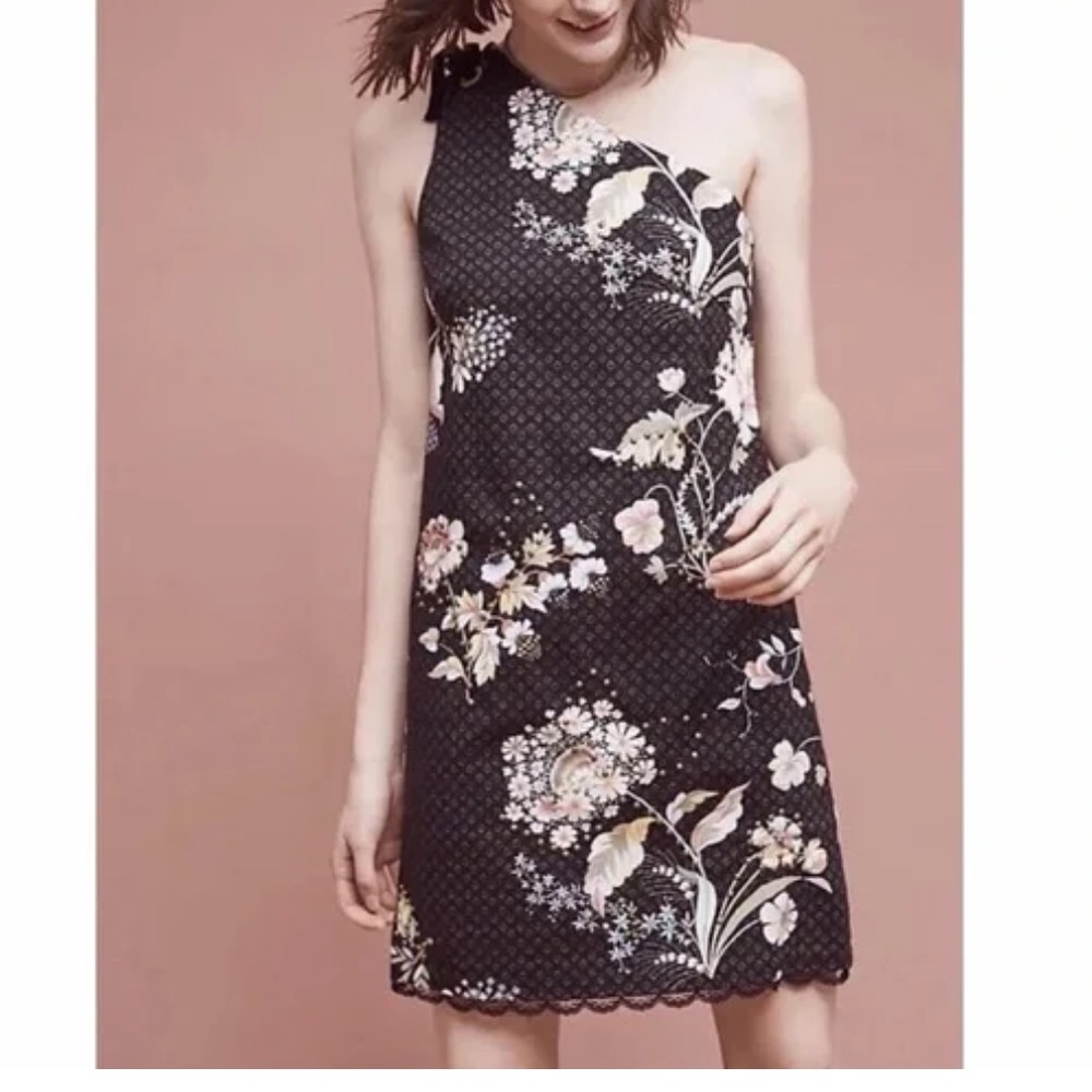 Anthropologie Maeve Ashbury Floral Studded Lace Black Mini Dress Size 4